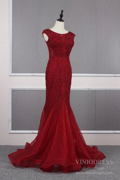 Vintage Mermaid Prom Dresses Beaded Formal Evening Dress FD2468-Evening Dresses 2025 -Viniodress-Dark Red-US 2-