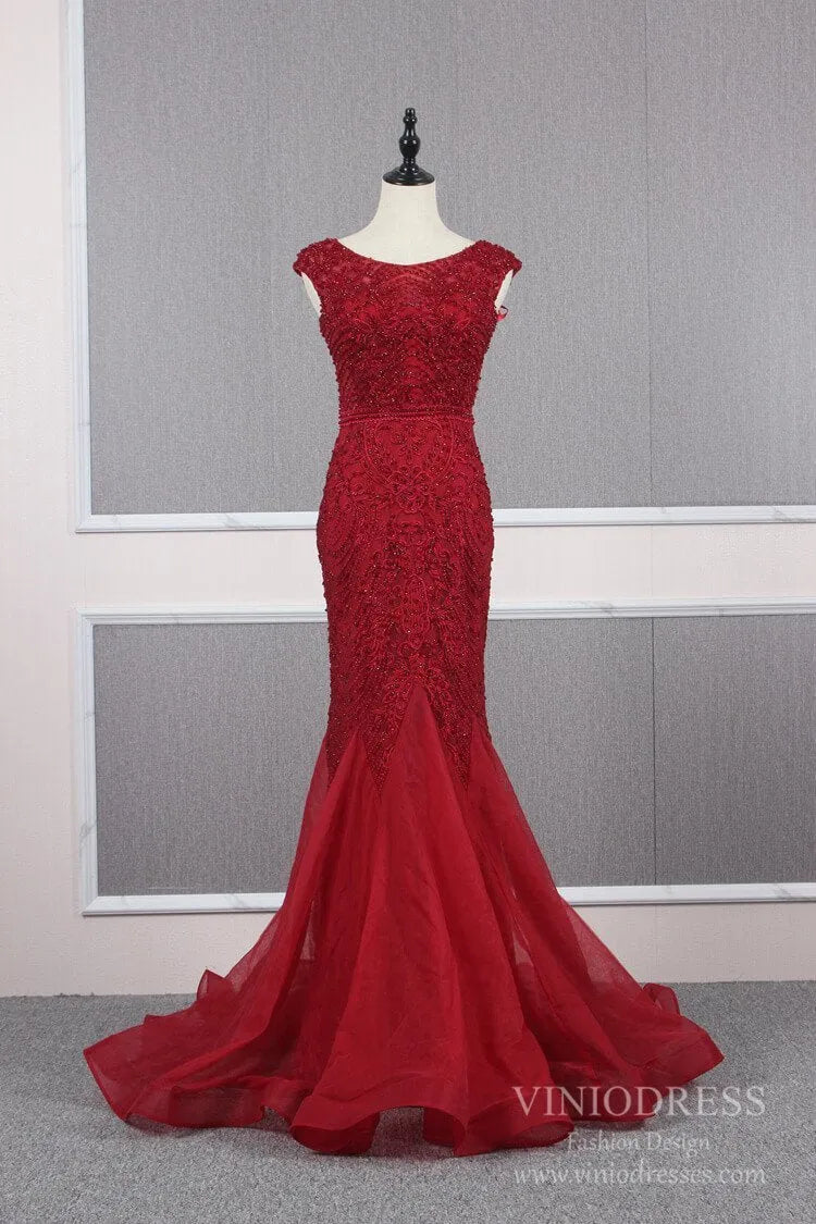 Vintage Mermaid Prom Dresses Beaded Formal Evening Dress FD2468-Evening Dresses 2025 -Viniodress-Dark Red-US 2-