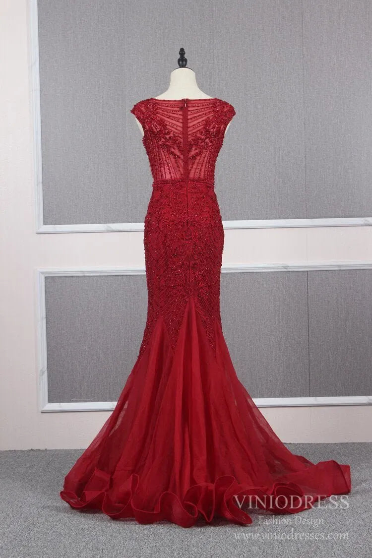 Vintage Mermaid Prom Dresses Beaded Formal Evening Dress FD2468-Evening Dresses 2025 -Viniodress-Dark Red-US 2-