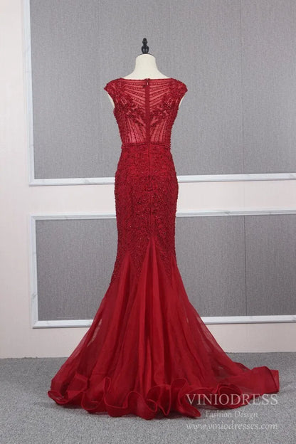 Vintage Mermaid Prom Dresses Beaded Formal Evening Dress FD2468-Evening Dresses 2025 -Viniodress-Dark Red-US 2-