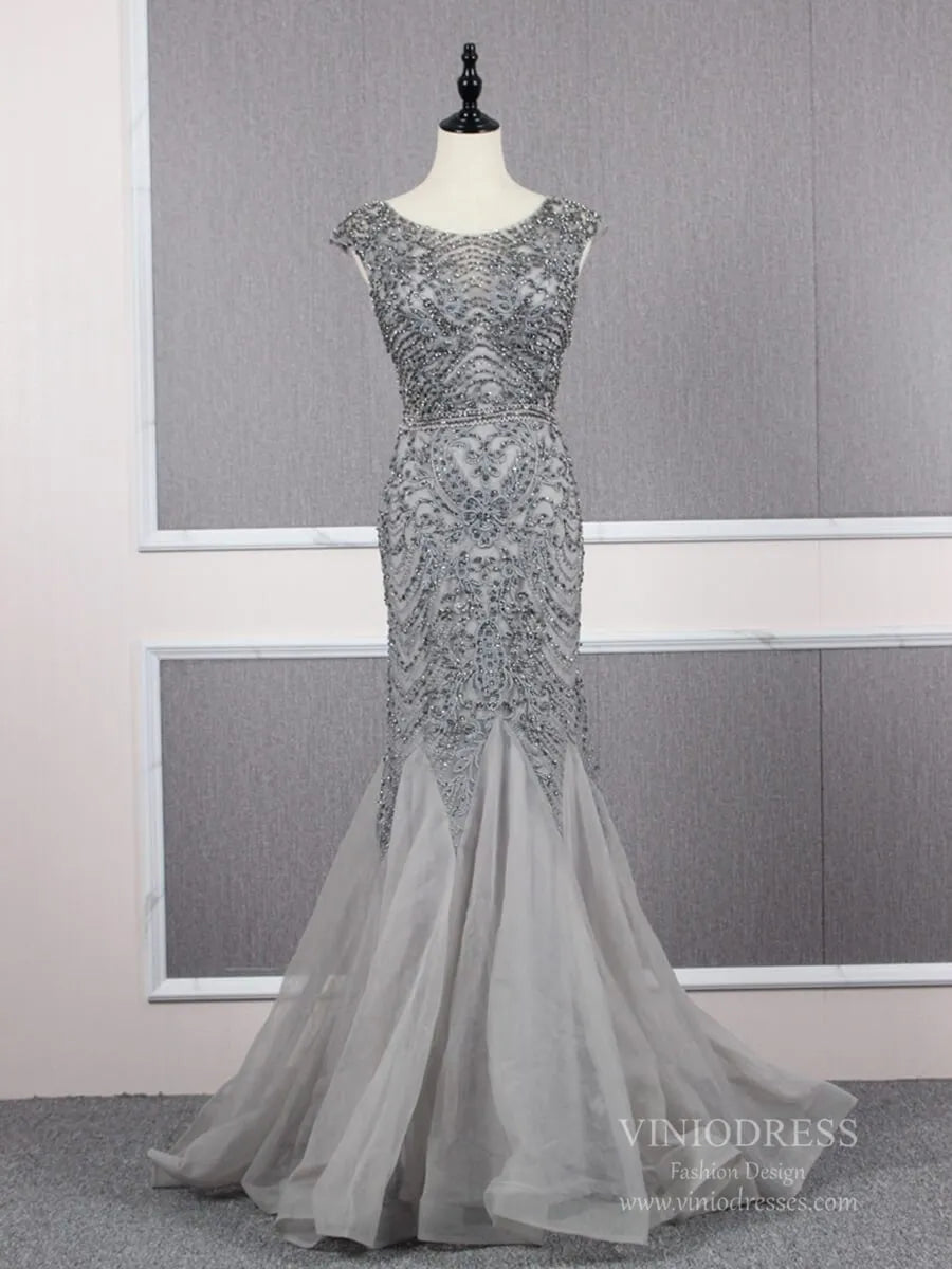 Vintage Mermaid Prom Dresses Beaded Formal Evening Dress FD2468-Evening Dresses 2025 -Viniodress-Grey-US 2-