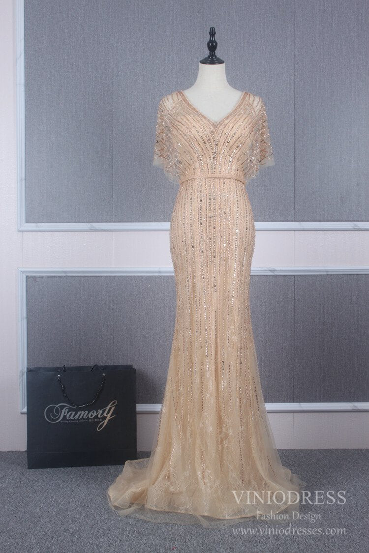 Vintage Mermaid Prom Dresses Beaded Long 20s Party Dress FD2470-Evening Dresses 2025 -Viniodress-Champagne-US 2-