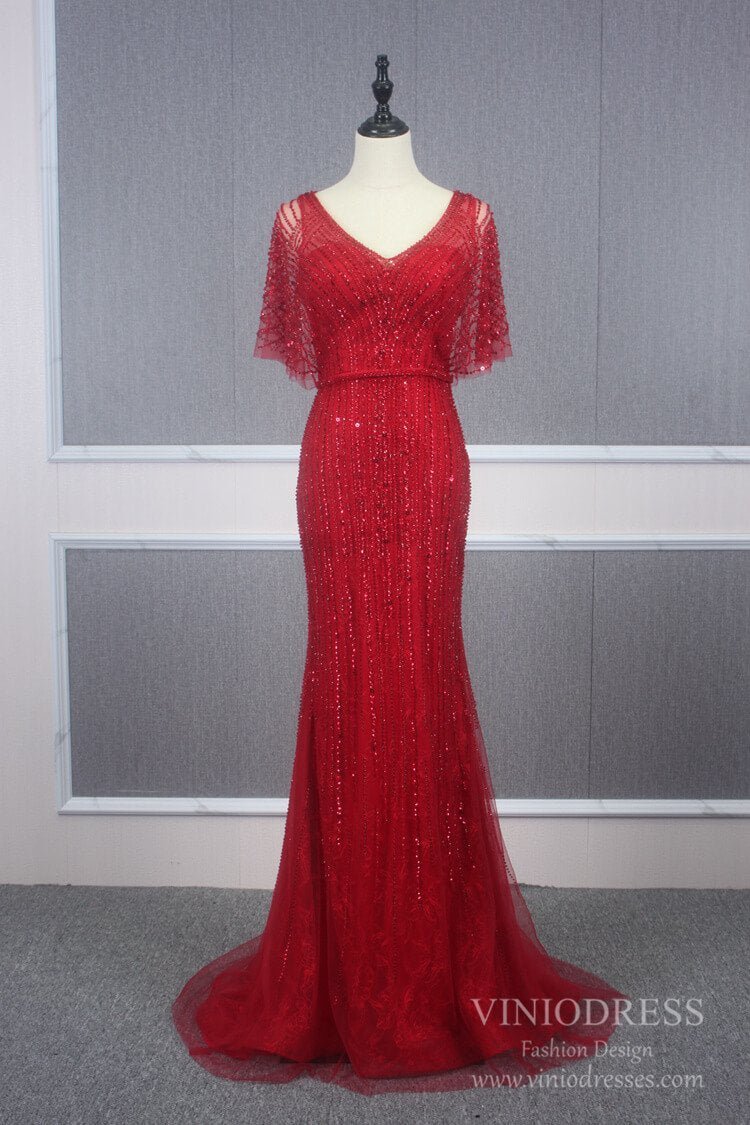 Vintage Mermaid Prom Dresses Beaded Long 20s Party Dress FD2470-Evening Dresses 2025 -Viniodress-Red-US 2-