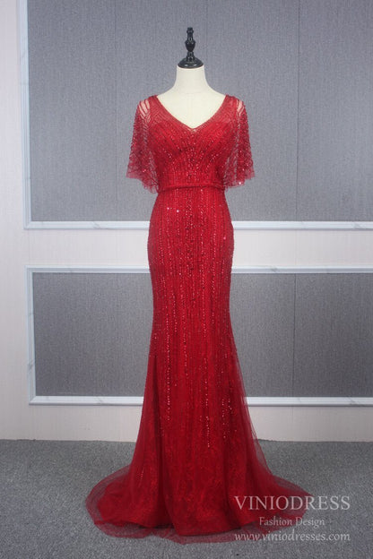 Vintage Mermaid Prom Dresses Beaded Long 20s Party Dress FD2470-Evening Dresses 2025 -Viniodress-Red-US 2-