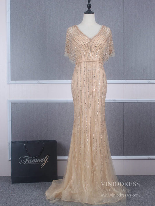 Prom Dress 2025 Vintage Mermaid Prom Dresses Beaded Long 20s Party Dress FD2470-unique prom dresses-Champagne-US 2-Viniodress