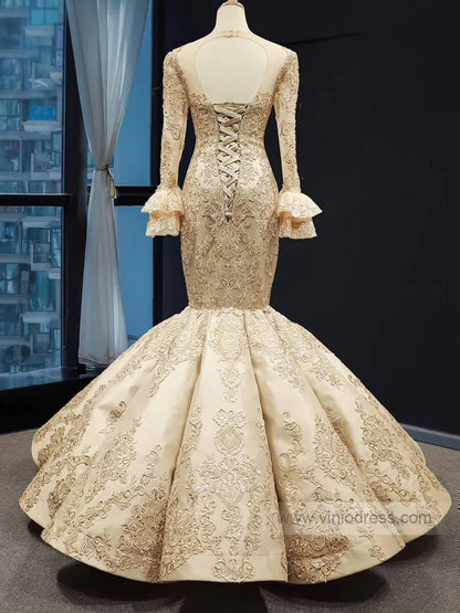 Vintage Mermaid Prom Dresses with Sleeves Lace Pageant Dress FD1388 viniodress-prom dresses 2025 -Viniodress-Gold-Custom Size-