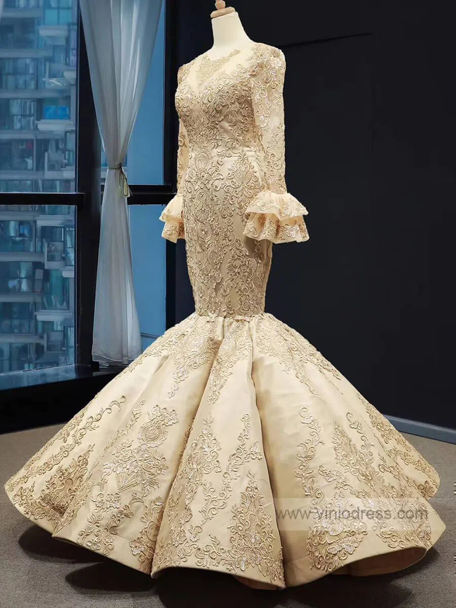 Vintage Mermaid Prom Dresses with Sleeves Lace Pageant Dress FD1388 viniodress-prom dresses 2025 -Viniodress-Gold-Custom Size-
