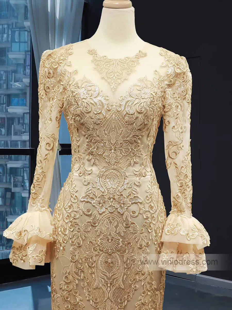 Vintage Mermaid Prom Dresses with Sleeves Lace Pageant Dress FD1388 viniodress-prom dresses 2025 -Viniodress-Gold-Custom Size-