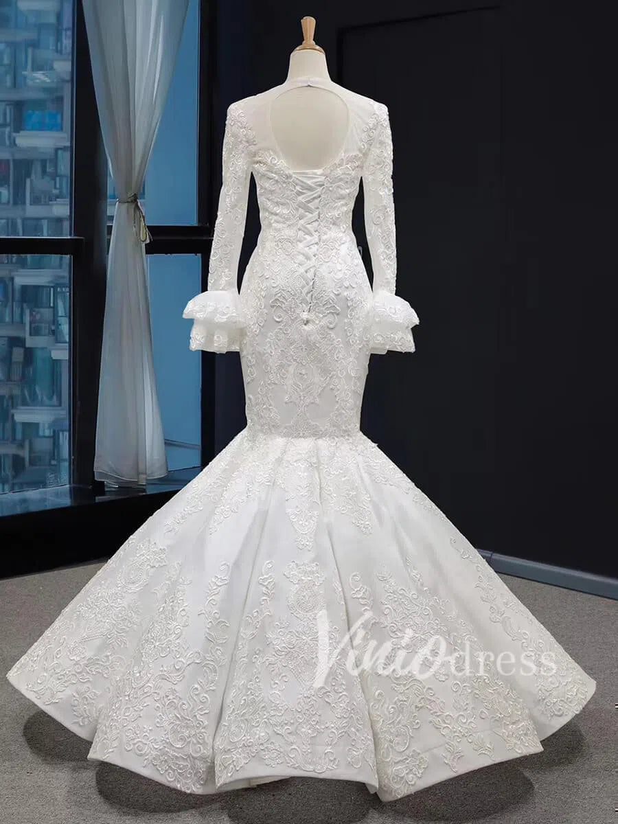 Vintage Mermaid Prom Dresses with Sleeves Lace Pageant Dress FD1388 viniodress-prom dresses 2025 -Viniodress-Gold-Custom Size-