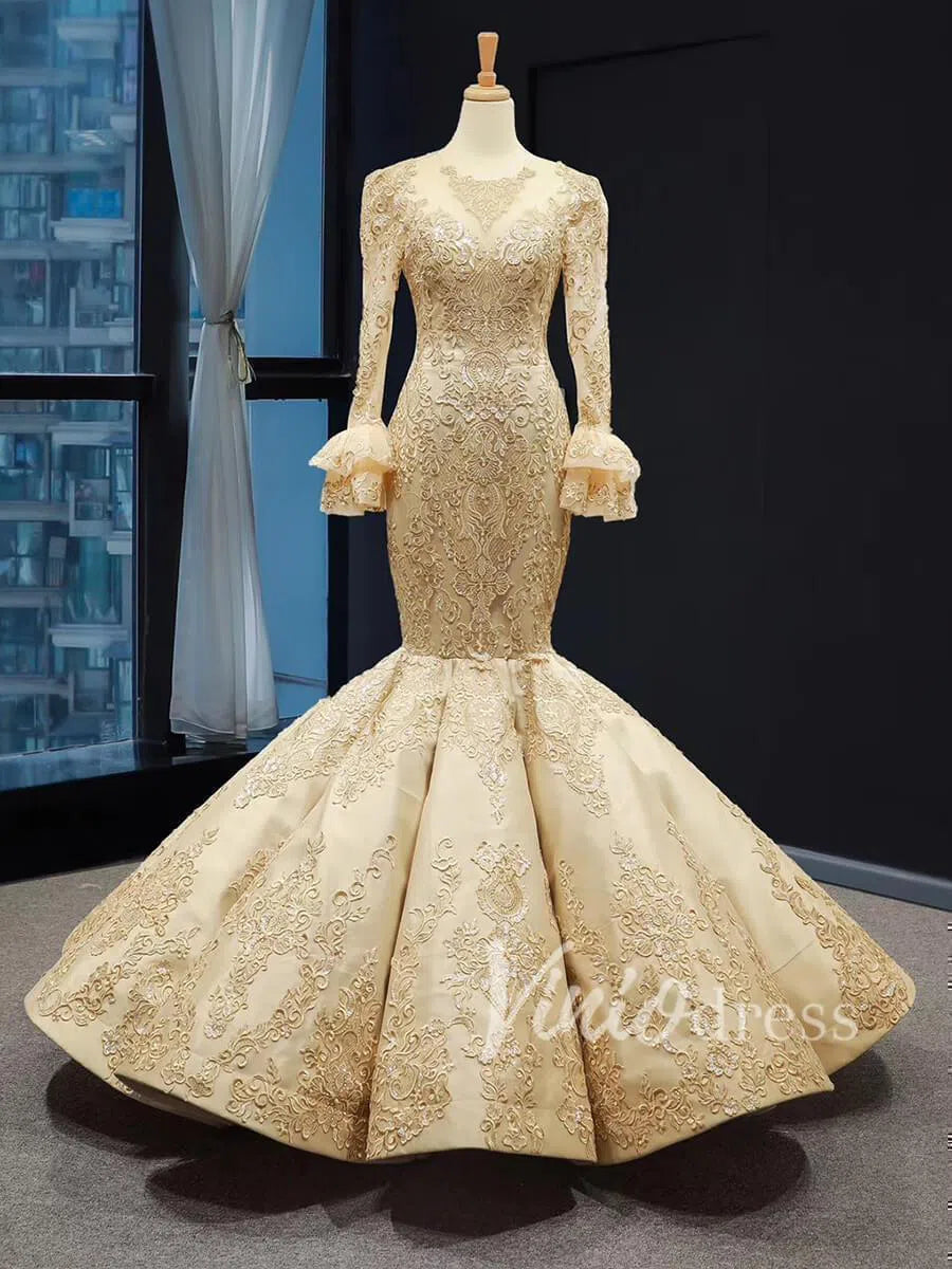 Vintage Mermaid Prom Dresses with Sleeves Lace Pageant Dress FD1388 viniodress-prom dresses 2025 -Viniodress-Gold-Custom Size-