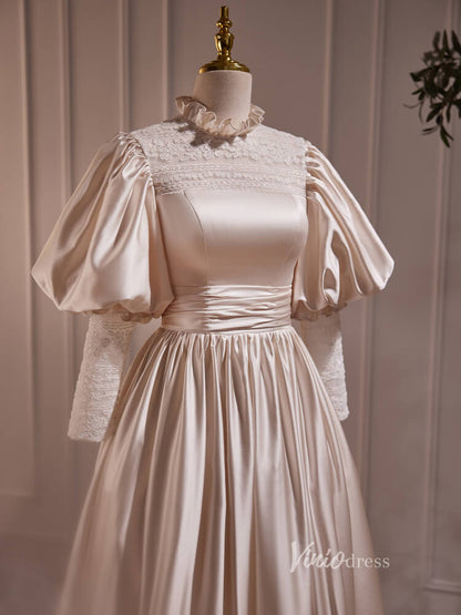 Vintage Midi Length Satin Wedding Gowns Puff Sleeve Ruffle Prom Dresses BJ011-prom dresses 2025 -Viniodress-Champagne-Custom Size-