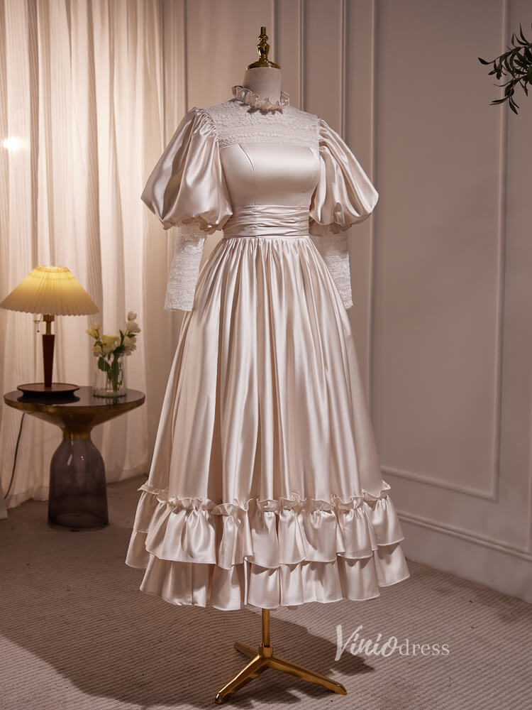 Vintage Midi Length Satin Wedding Gowns Puff Sleeve Ruffle Prom Dresses BJ011-prom dresses 2025 -Viniodress-Champagne-Custom Size-