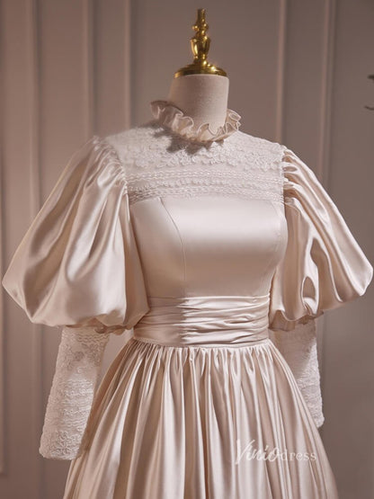 Vintage Midi Length Satin Wedding Gowns Puff Sleeve Ruffle Prom Dresses BJ011-prom dresses 2025 -Viniodress-Champagne-Custom Size-