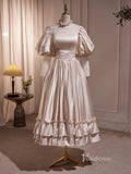 Vintage Midi Length Satin Wedding Gowns Puff Sleeve Ruffle Prom Dresses BJ011