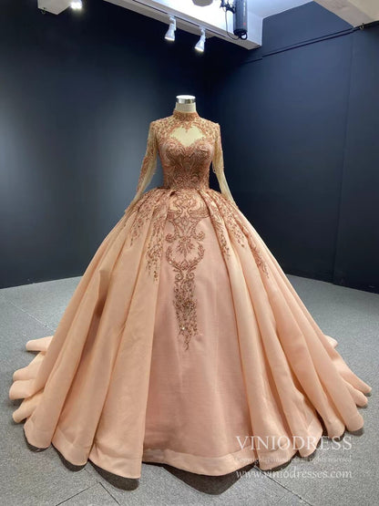 Vintage Mock Neck Red Wedding Dresses Beaded Gold Ball Gowns viniodress-Quinceanera Dresses 2025 -Viniodress-Dusty Rose-Custom Size-