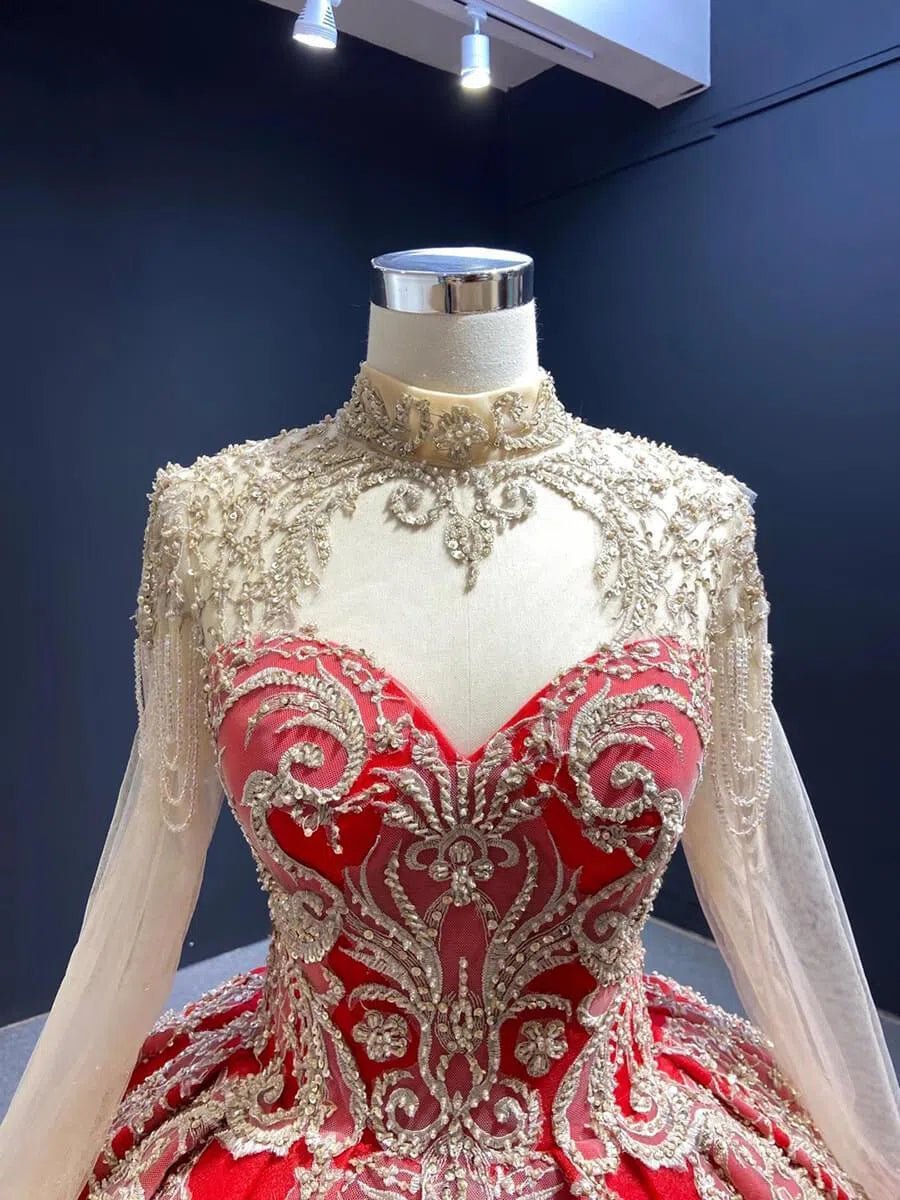 Vintage Mock Neck Red Wedding Dresses Beaded Gold Ball Gowns viniodress-Quinceanera Dresses 2025 -Viniodress-Red-Custom Size-