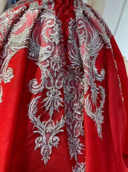 Vintage Mock Neck Red Wedding Dresses Beaded Gold Ball Gowns viniodress-Quinceanera Dresses 2025 -Viniodress-Red-Custom Size-