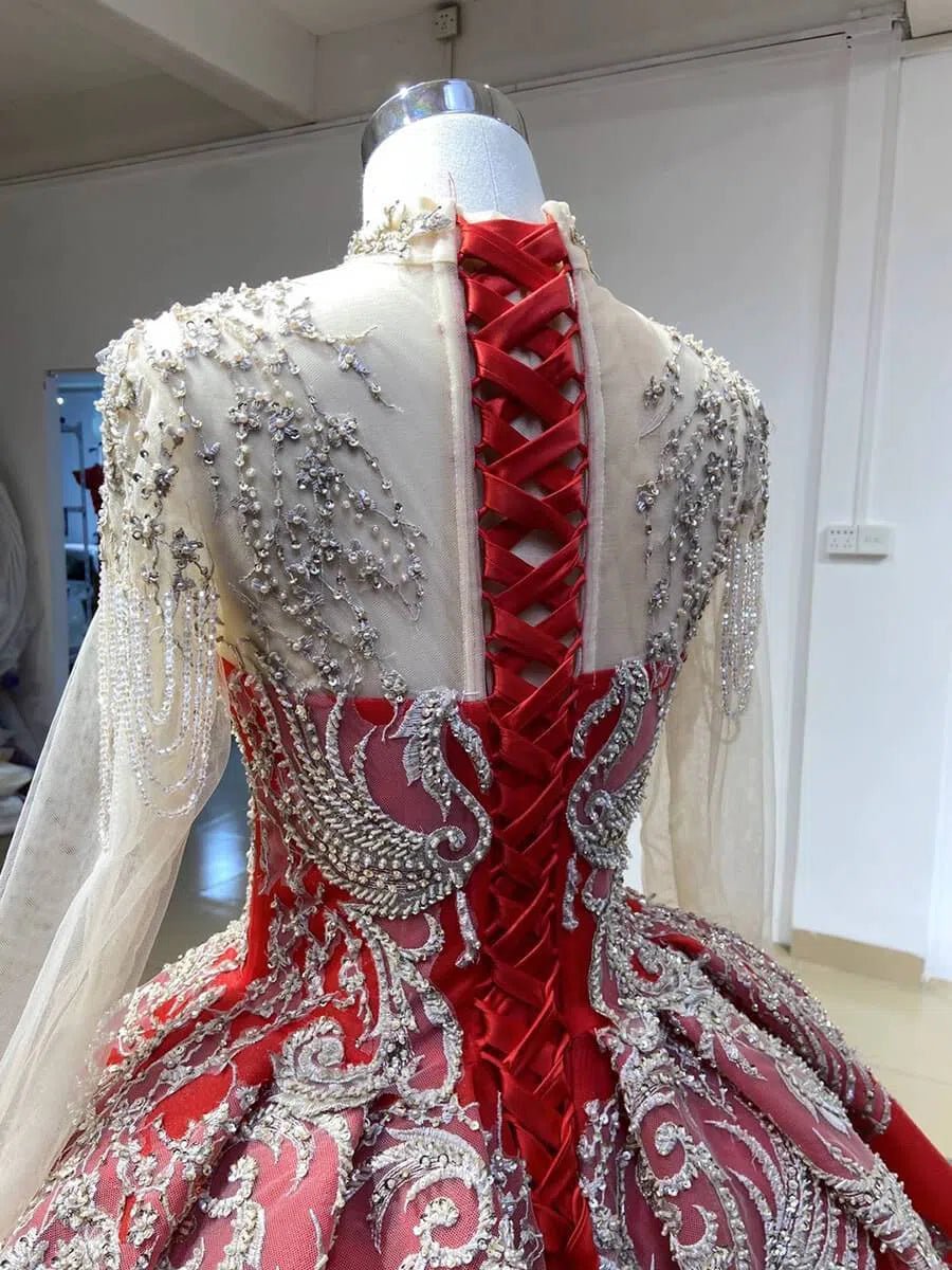Vintage Mock Neck Red Wedding Dresses Beaded Gold Ball Gowns viniodres – Viniodress Vintage Mock Neck Red Wedding Dresses Beaded Gold Ball Gowns viniodres – Viniodress