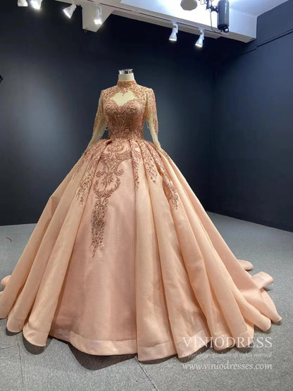 Vintage Mock Neck Red Wedding Dresses Beaded Gold Ball Gowns viniodress-Quinceanera Dresses 2025 -Viniodress-Red-Custom Size-
