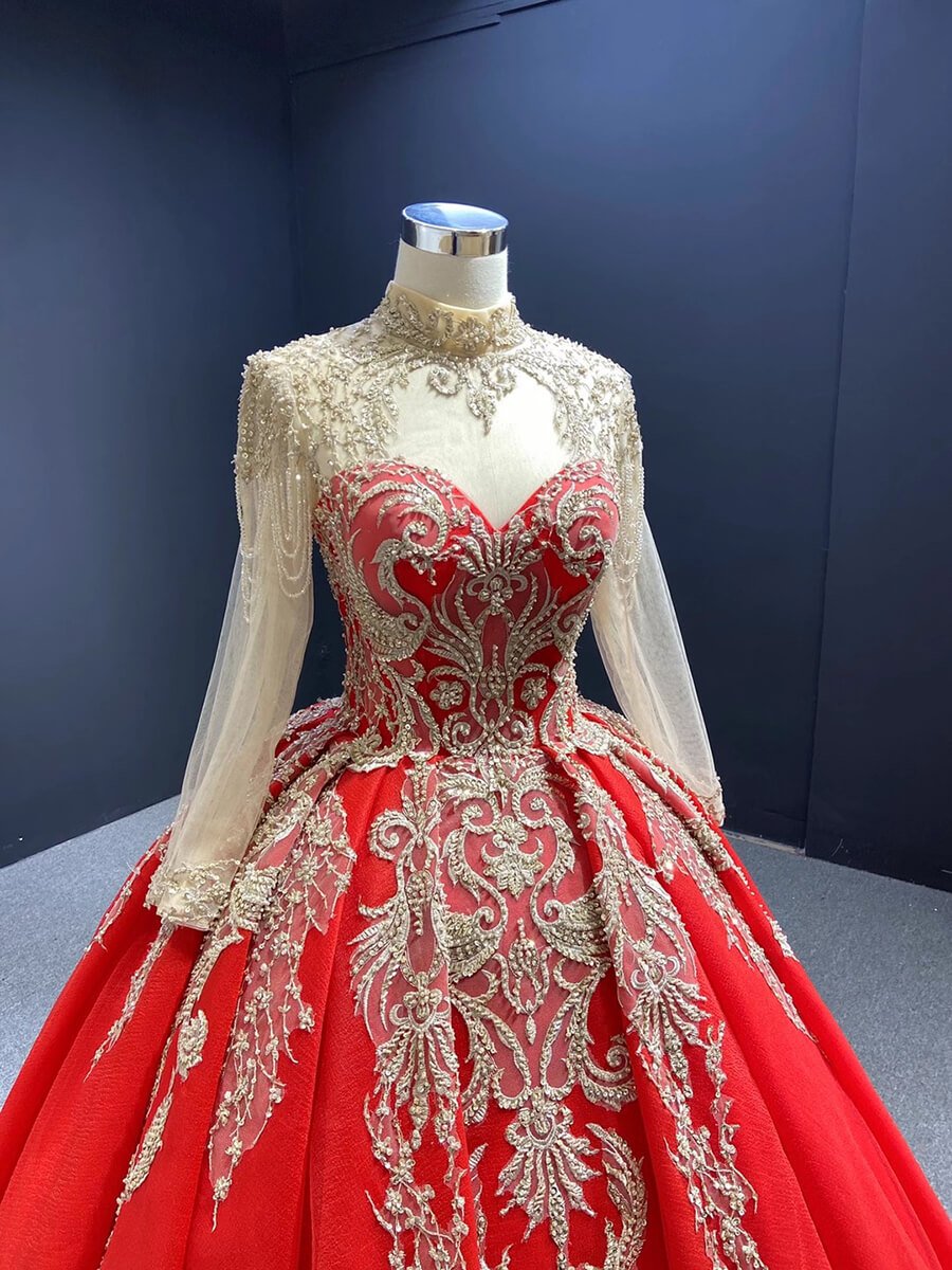 Prom Dress 2025 Vintage Mock Neck Red Wedding Dresses Beaded Gold Ball Gowns viniodress-unique Quinceanera Dresses-Red-Custom Size-Viniodress