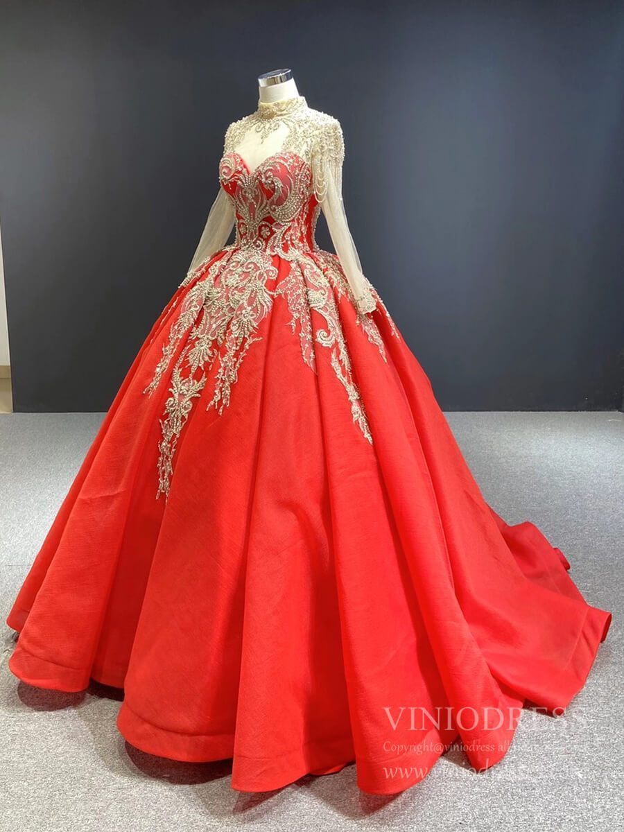 Prom Dress 2025 Vintage Mock Neck Red Wedding Dresses Beaded Gold Ball Gowns viniodress-unique Quinceanera Dresses-Red-Custom Size-Viniodress