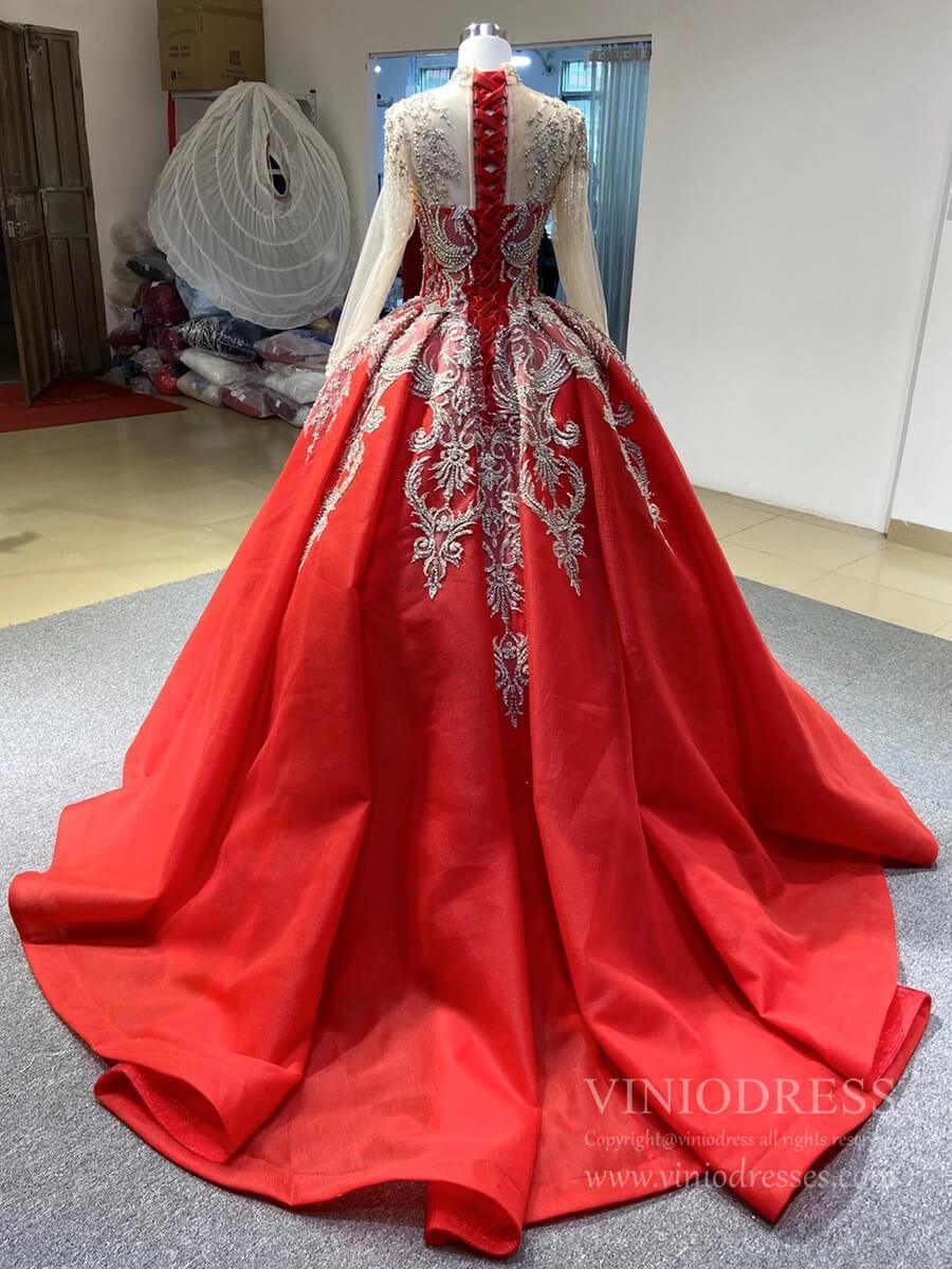 Prom Dress 2025 Vintage Mock Neck Red Wedding Dresses Beaded Gold Ball Gowns viniodress-unique Quinceanera Dresses-Red-Custom Size-Viniodress