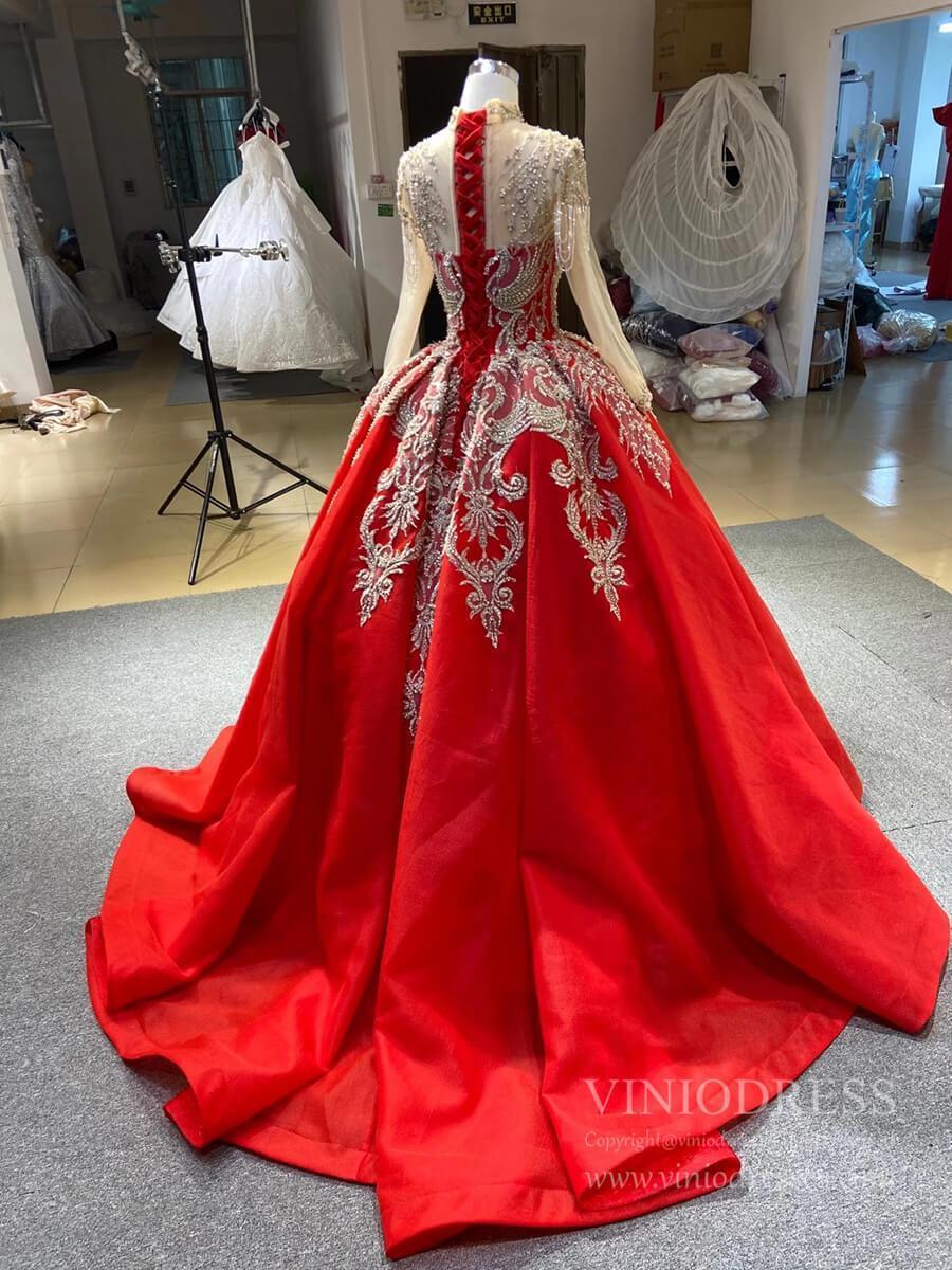 Prom Dress 2025 Vintage Mock Neck Red Wedding Dresses Beaded Gold Ball Gowns viniodress-unique Quinceanera Dresses-Red-Custom Size-Viniodress