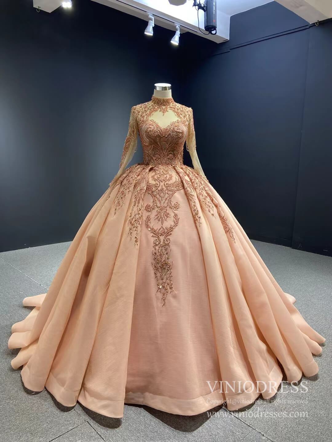 Prom Dress 2025 Vintage Mock Neck Red Wedding Dresses Beaded Gold Ball Gowns viniodress-unique Quinceanera Dresses-Dusty Rose-Custom Size-Viniodress