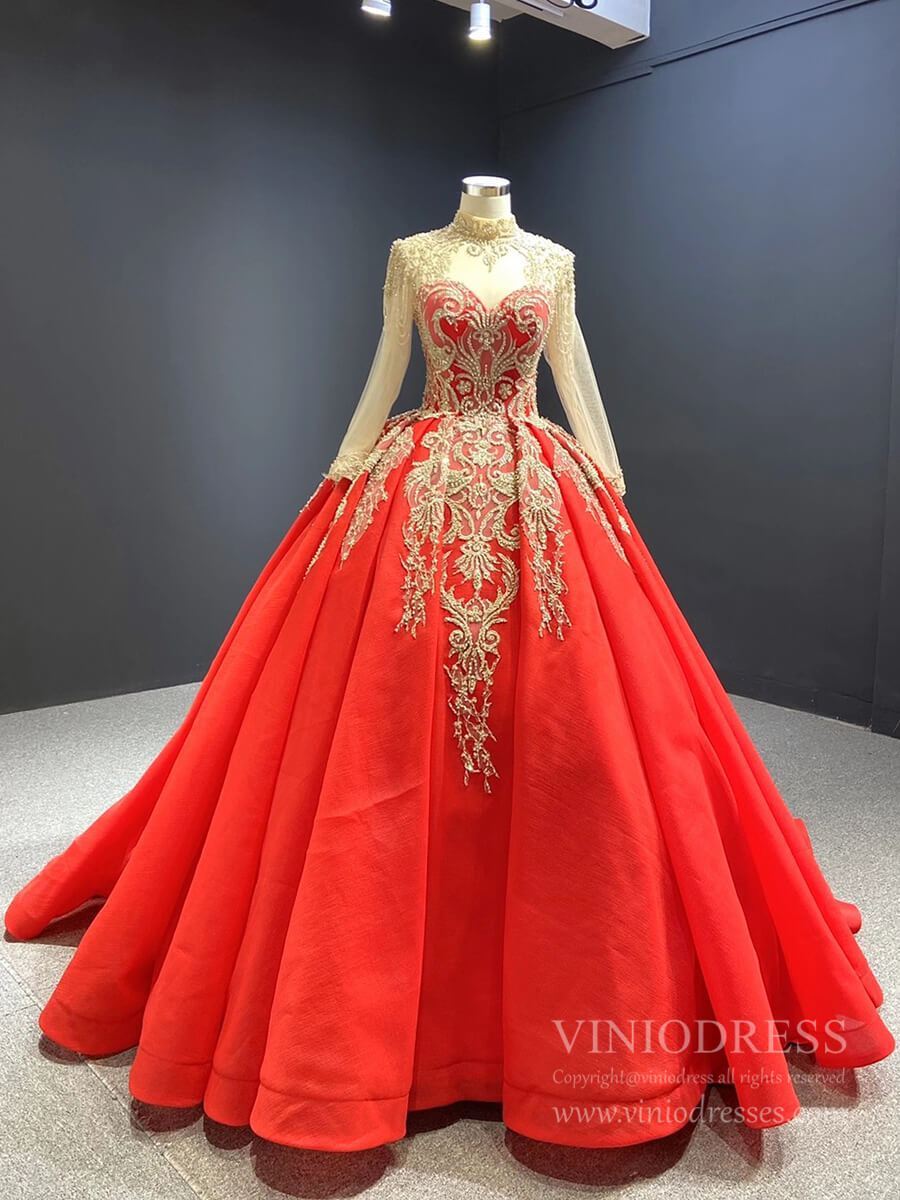 Prom Dress 2025 Vintage Mock Neck Red Wedding Dresses Beaded Gold Ball Gowns viniodress-unique Quinceanera Dresses-Red-Custom Size-Viniodress