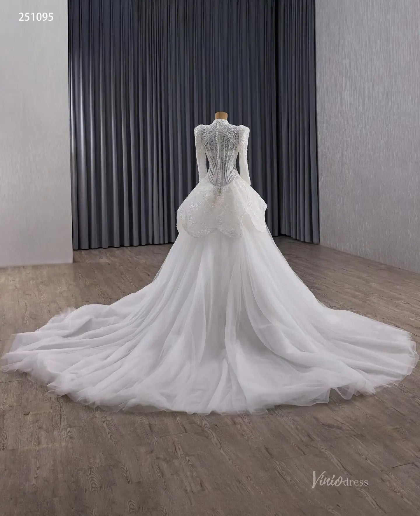 Vintage Modest Lace Wedding Dress with Long Sleeves, Tulle Overskirt & Basque Waist 251095-wedding dresses 2026-Viniodress-Ivory-Custom Size-