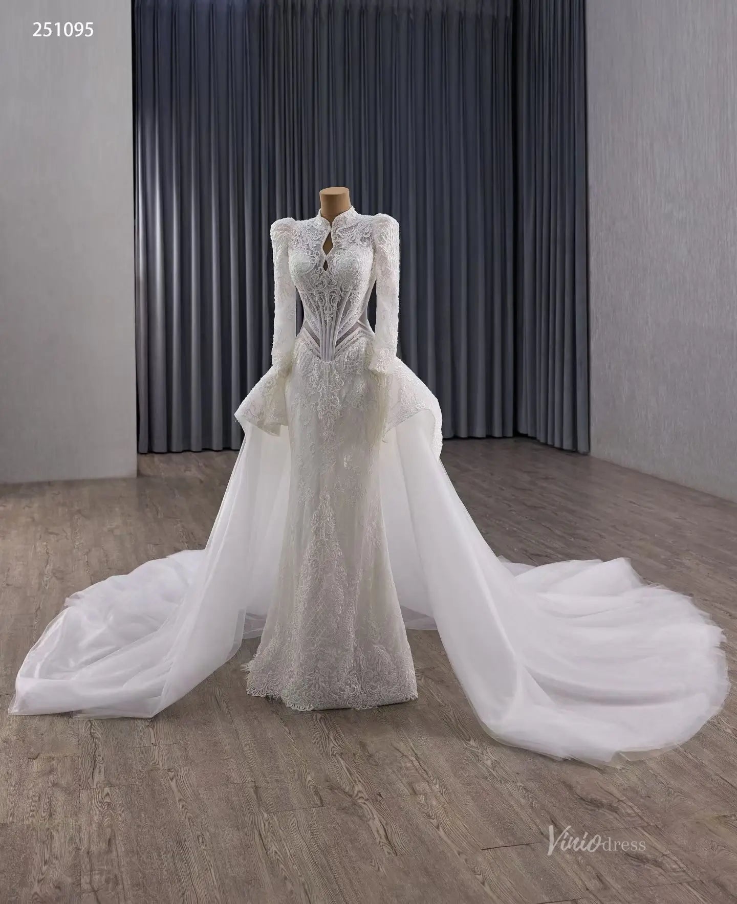 Vintage Modest Lace Wedding Dress with Long Sleeves, Tulle Overskirt & Basque Waist 251095-wedding dresses 2026-Viniodress-Ivory-Custom Size-