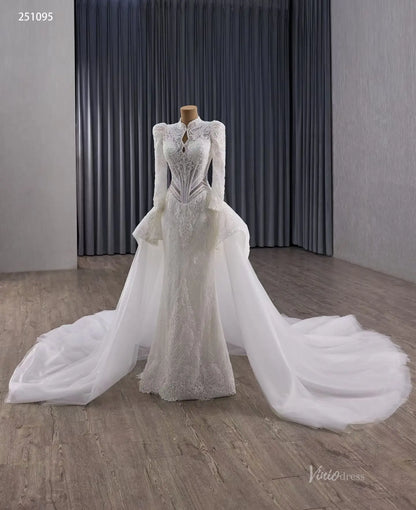 Vintage Modest Lace Wedding Dress with Long Sleeves, Tulle Overskirt & Basque Waist 251095-wedding dresses 2026-Viniodress-Ivory-Custom Size-