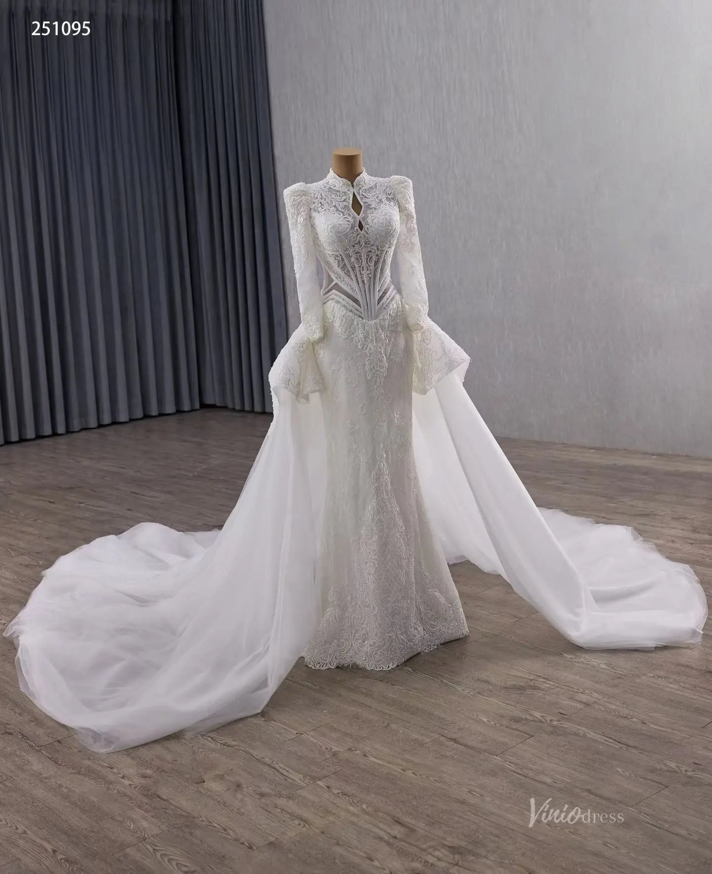 Vintage Modest Lace Wedding Dress with Long Sleeves, Tulle Overskirt & Basque Waist 251095-wedding dresses 2026-Viniodress-Ivory-Custom Size-