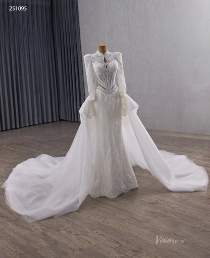 Vintage Modest Lace Wedding Dress with Long Sleeves, Tulle Overskirt & Basque Waist 251095-wedding dresses 2026-Viniodress-Ivory-Custom Size-