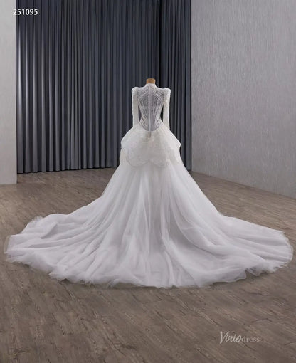 Vintage Modest Lace Wedding Dress with Long Sleeves, Tulle Overskirt & Basque Waist 251095-wedding dresses 2026-Viniodress-Ivory-Custom Size-