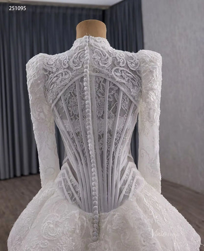 Vintage Modest Lace Wedding Dress with Long Sleeves, Tulle Overskirt & Basque Waist 251095-wedding dresses 2026-Viniodress-Ivory-Custom Size-