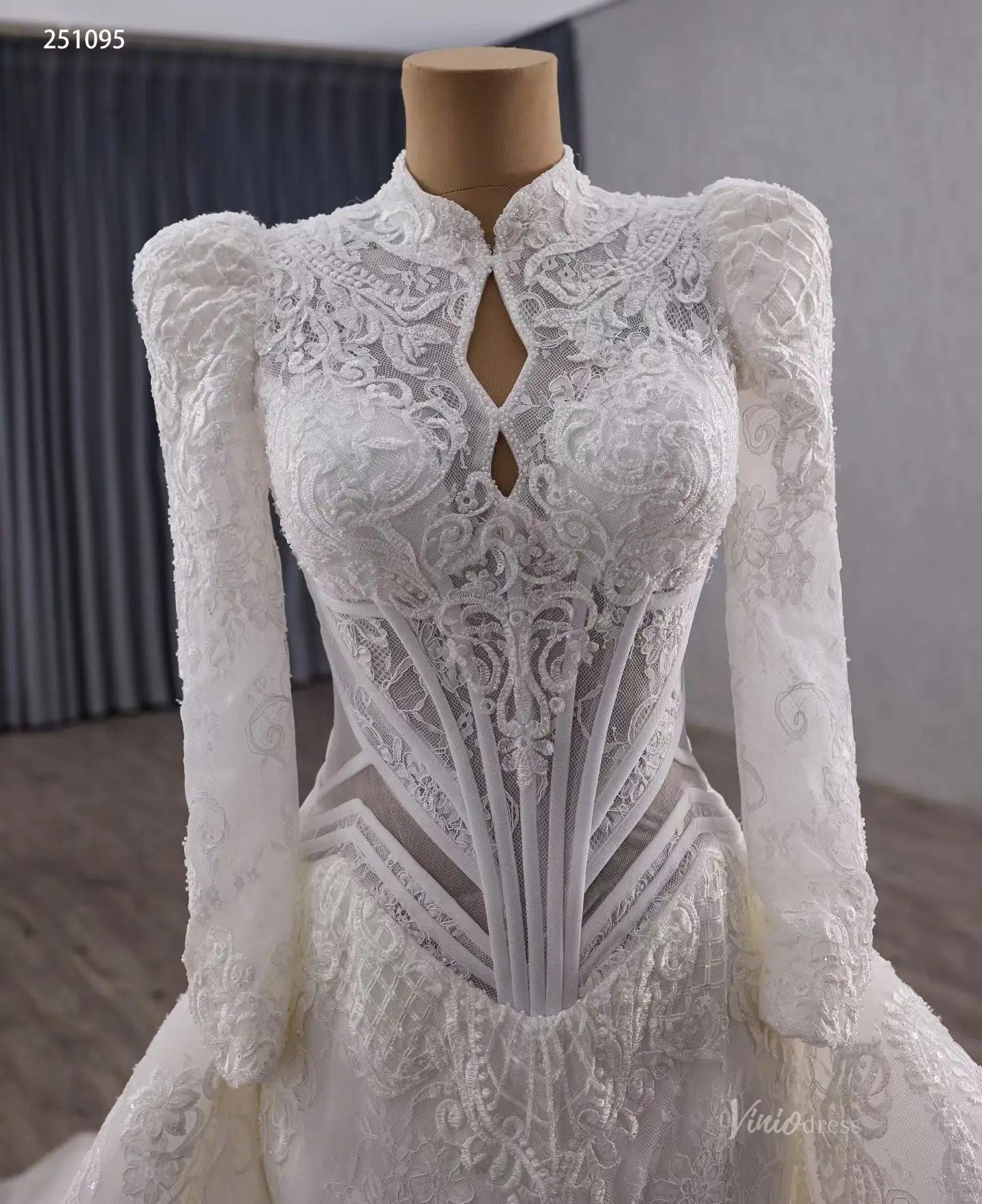 Vintage Modest Lace Wedding Dress with Long Sleeves, Tulle Overskirt & Basque Waist 251095-wedding dresses 2026-Viniodress-Ivory-Custom Size-