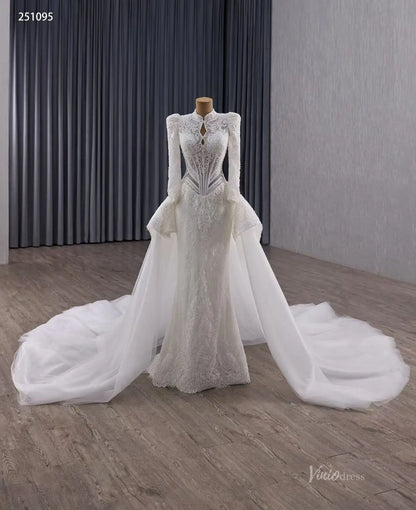 Vintage Modest Lace Wedding Dress with Long Sleeves, Tulle Overskirt & Basque Waist 251095-wedding dresses 2026-Viniodress-Ivory-Custom Size-