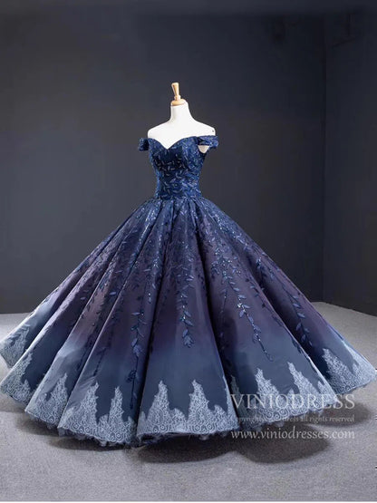 Vintage Navy Blue Quinceañera Dress Sparkling Lace Ball Gowns 66557 viniodress-prom dresses 2025 -Viniodress-Blue-Custom Size-