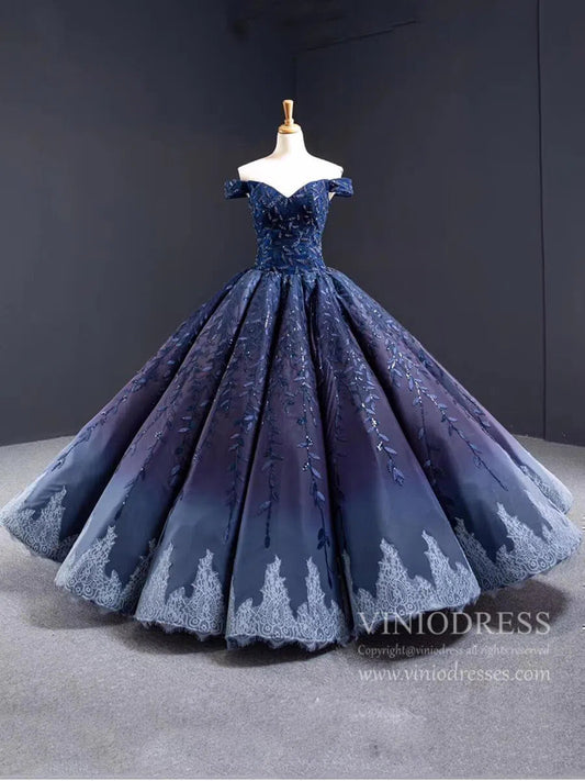 Vintage Navy Blue Quinceañera Dress Sparkling Lace Ball Gowns 66557 viniodress-prom dresses 2025 -Viniodress-Blue-Custom Size-