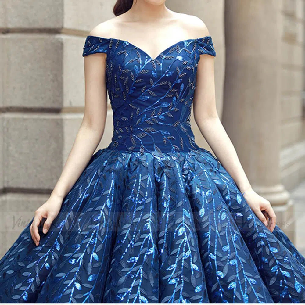 Vintage Navy Blue Quinceañera Dress Sparkling Lace Ball Gowns 66557 viniodress-prom dresses-Viniodress-Viniodress