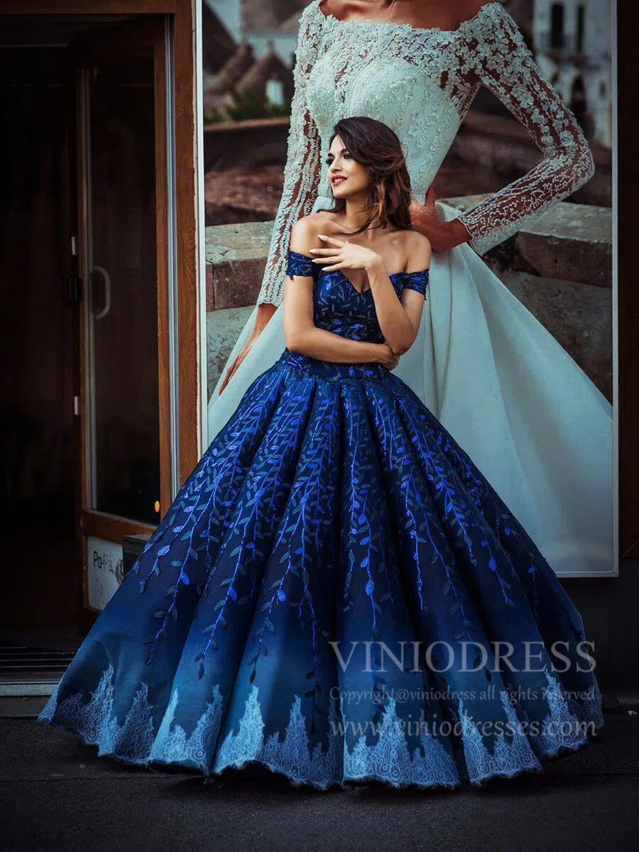 Vintage Navy Blue Quinceañera Dress Sparkling Lace Ball Gowns 66557 viniodress-prom dresses-Viniodress-Viniodress