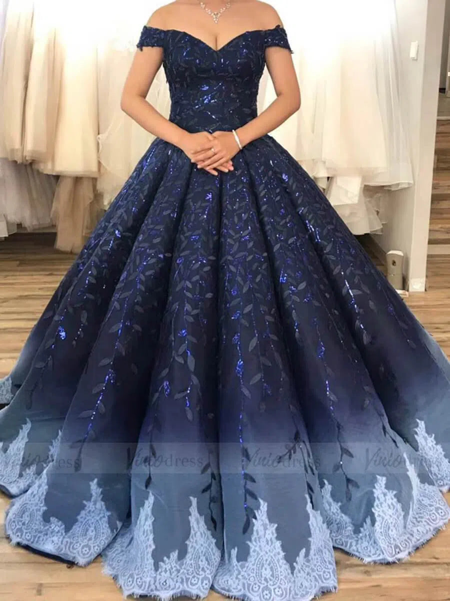 Vintage Navy Blue Quinceañera Dress Sparkling Lace Ball Gowns 66557 viniodress-prom dresses-Viniodress-Viniodress