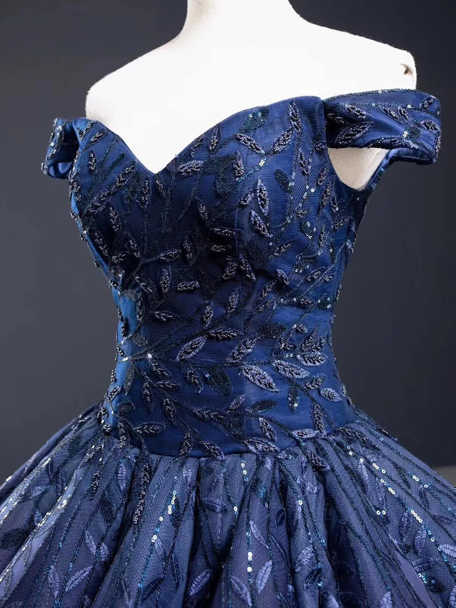 Vintage Navy Blue Quinceañera Dress Sparkling Lace Ball Gowns 66557 viniodress-prom dresses-Viniodress-Viniodress