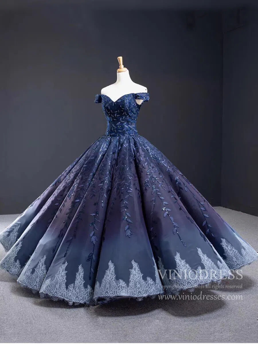 Vintage Navy Blue Quinceañera Dress Sparkling Lace Ball Gowns 66557 viniodress-prom dresses-Viniodress-Viniodress