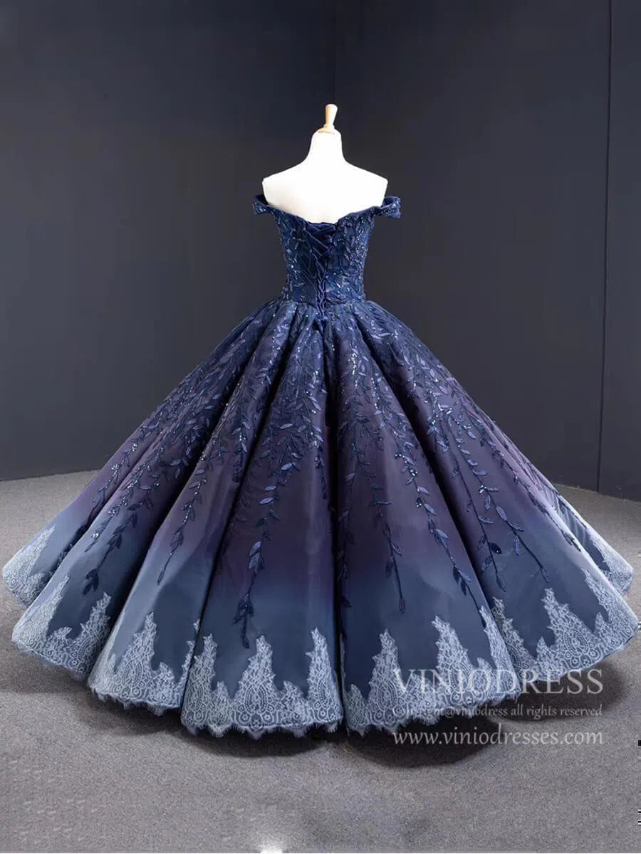 Vintage Navy Blue Quinceañera Dress Sparkling Lace Ball Gowns 66557 viniodress-prom dresses-Viniodress-Viniodress