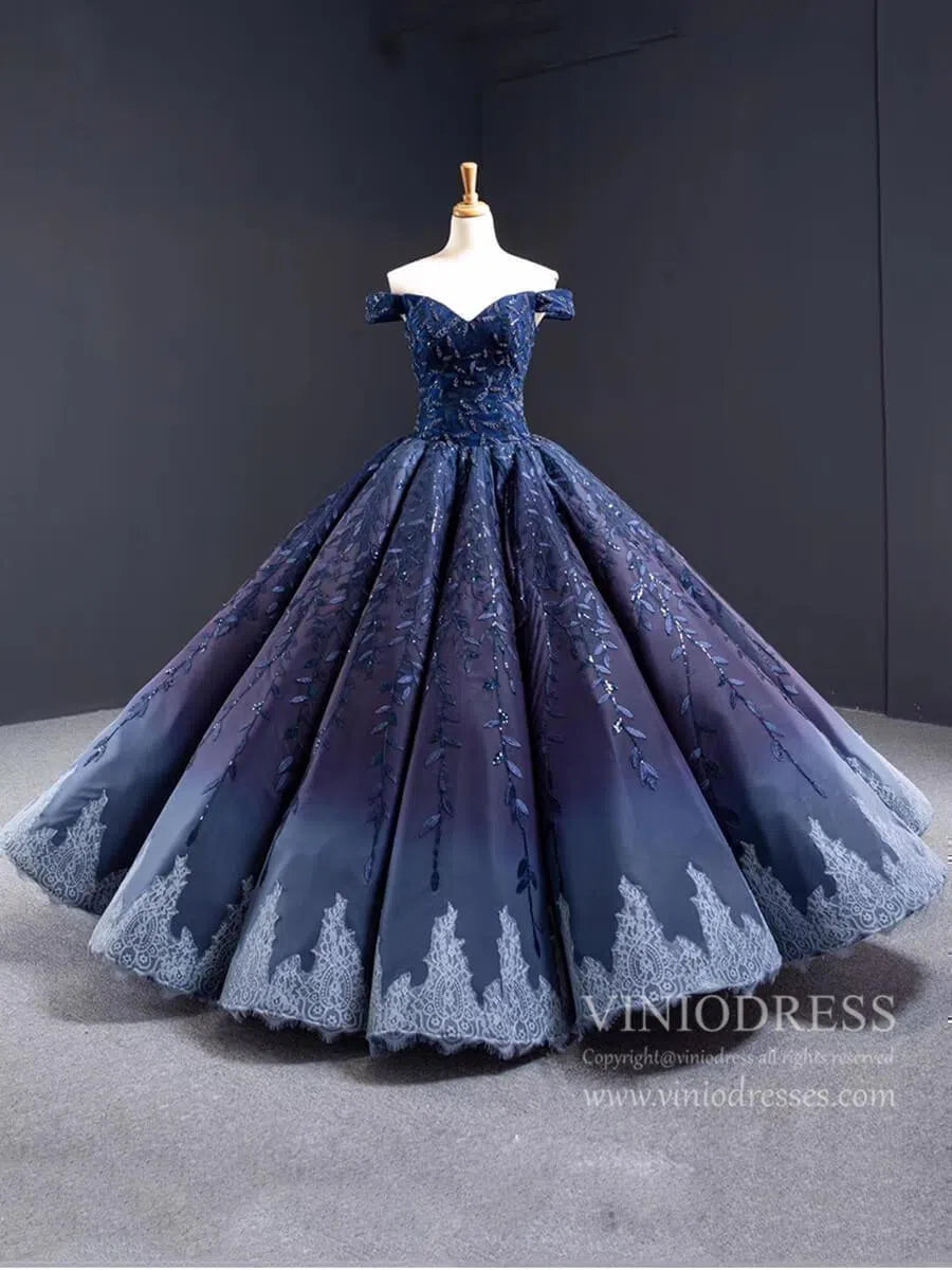 Vintage Navy Blue Quinceañera Dress Sparkling Lace Ball Gowns 66557 viniodress-prom dresses-Viniodress-Blue-Custom Size-Viniodress