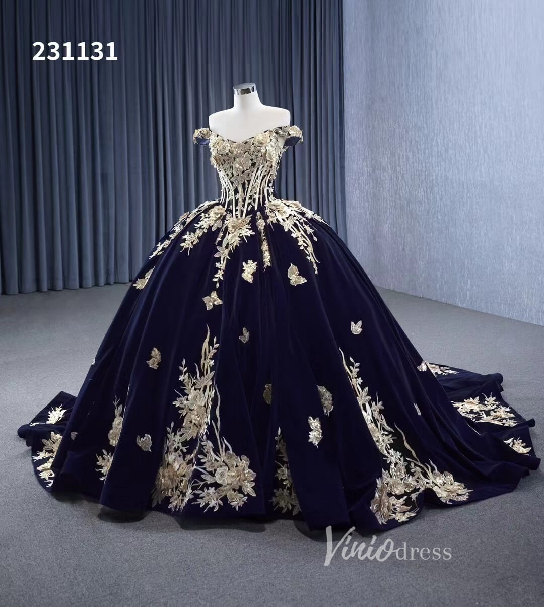 Vintage Navy Blue Velvet Ball Gown Wedding Dresses Gold Lace Appliqued Quince Dress 231131-Quinceanera Dresses 2025 -Viniodress-Navy Blue-Custom Size-