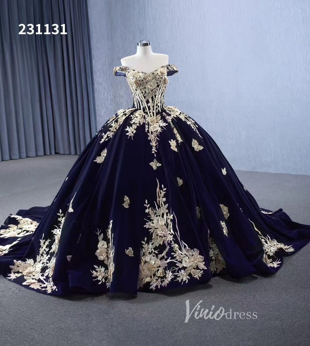 Vintage Navy Blue Velvet Ball Gown Wedding Dresses Gold Lace Appliqued Quince Dress 231131-Quinceanera Dresses 2025 -Viniodress-Navy Blue-Custom Size-