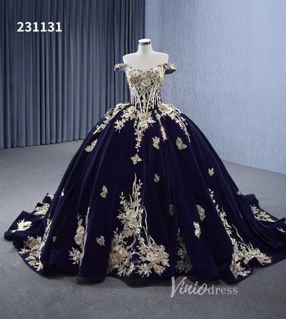 Vintage Navy Blue Velvet Ball Gown Wedding Dresses Gold Lace Appliqued Quince Dress 231131-Quinceanera Dresses 2025 -Viniodress-Navy Blue-Custom Size-